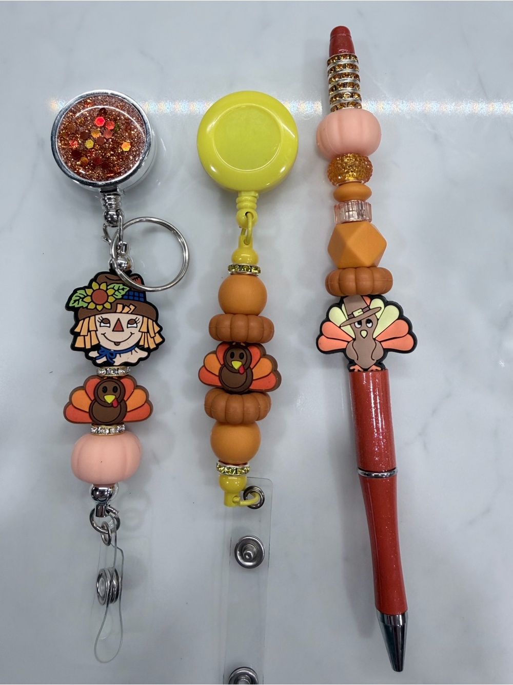 Adorable Fall beaded pens and badge reels.  $$3 each w/free ship. Many styles.